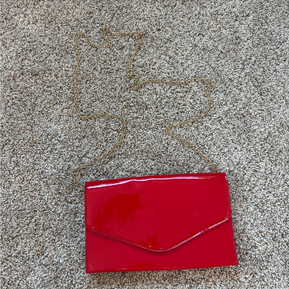 Steve Madden Red Patent Envelope Clutch with Gold Chain